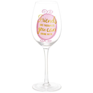 Celebrate a special kind of friendship that makes everything better with this hand-blown wine glass. Fun design features layered pink circles and gold foil lettering. Generously sized and packaged in a box so it's perfect for a girlfriend’s gift!