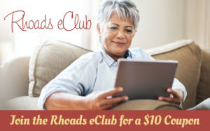 woman holding a tablet with a text overlay that reads - rhoads eclub and join the rhoads eclub for a $10 coupon